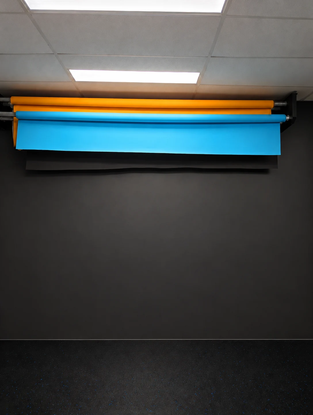 Front view of the studio with the backdrops raised — retouched photograph